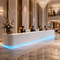 Comptoir de réception moderne en bois massif écologique avec éclairage d'ambiance LED bleu, finition haute brillance, certifié CE, pour hôtel et bureau