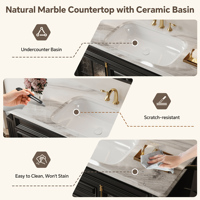 Luxury Bathroom Vanity with Sink, Hand-carved Vanity with Smart LED Defog Mirror, Solid Wood Floating Vanity Cabinet with Glass