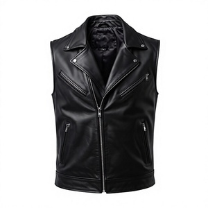 <b>Men's</b> <b>Black</b> Genuine Leather Casual Lace Moto <b>Vest</b> V-neck Zipper Closure Plus Size Regular Fit Solid Color Outerwear - Product Image 1