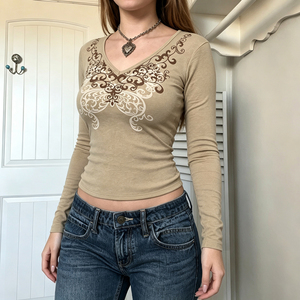 European spicy vintage print crewneck slim flattering <b>modal</b> long sleeve <b>T</b> <b>shirt</b> versatile comfortable basic casual top - Product Image 2