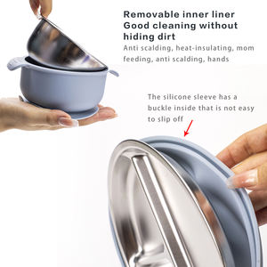 Vaisselle ronde pour enfants divisée en compartiments, assiettes en acier inoxydable pour bébé, manchons en silicone avec ventouses - Product Image 3