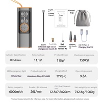 Gonfleur de pneus portable 150 PSI 6000 mAh, pompe à air sans fil pour voiture 26 L/min, affichage numérique, lumière LED, rechargeable Type-C, sac de rangement