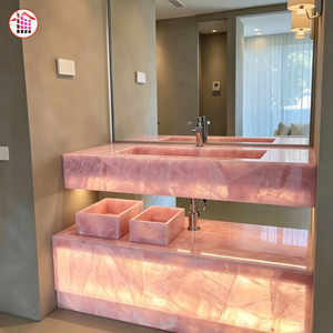Mobile Bagno in Onice Rosa Personalizzato <span class=keywords><strong>con</strong></span> Retroilluminazione <span class=keywords><strong>LED</strong></span>, Lavabo in Pietra Naturale, Top Lusso in Pietra Naturale - Product Image 3