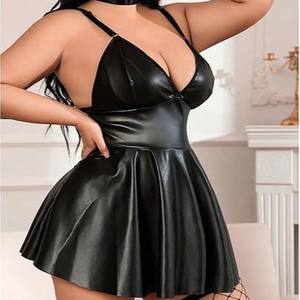 Abito Sexy in Ecopelle Lucida, Body Femminile che Espona il Seno, Lingerie Erotica da Club, Vestito Rosso Elastico in Latex per Cosplay - Product Image 4