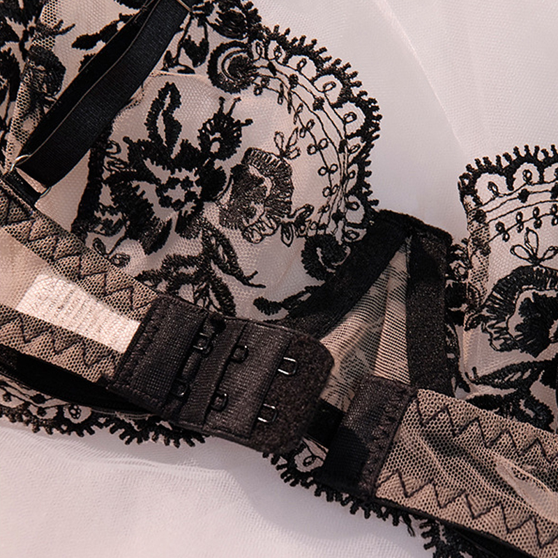 Wholesale Women's Sheer Mesh Lingerie Set Sexy Lace Embroidery Bra and Thong Floral Seductive Hollow Out Strappy Underwear