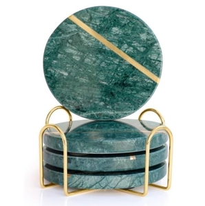 Solid <b>Green</b> Real Marble <b>Coasters</b> With Brass Inlay and Metal Stand/Holder -Non Slip Felt Padded - Sealed Marble, Stain Resistant - Product Image 1