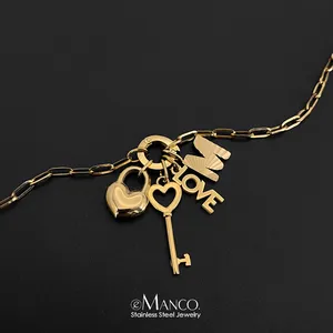 Collana a catena in acciaio inossidabile eManco, stile romantico minimalista con ciondoli a forma di cuore con scritta LOVE, chiave e lucchetto, gioielli fai da te. - Product Image 4