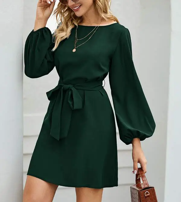Lantern Sleeve Belted Tunic Dress Women Spring And Winter High Quality Long Sleeved Dress Garment Factory In Guangdong