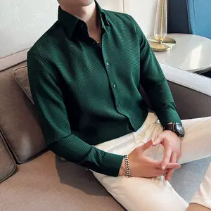 British Style Autumn New Waffle Long Sleeve Shirts For Men Clothing 2023 Slim Fit Drape Tuxedo Casual Chemise Homme Sale