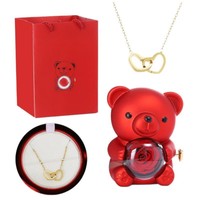 Coffret Cadeau Classique Saint-Valentin : Ours en Peluche Rouge, Rose Éternelle, Boîte à Musique et Collier Pendentif Double Cœur Personnalisé