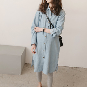Nueva ropa de primavera para mujeres embarazadas, Camisa <span class=keywords><strong>vaquera</strong></span> holgada de estilo coreano para mujeres embarazadas, <span class=keywords><strong>falda</strong></span> de talla grande, camisa de manga larga - Product Image 3