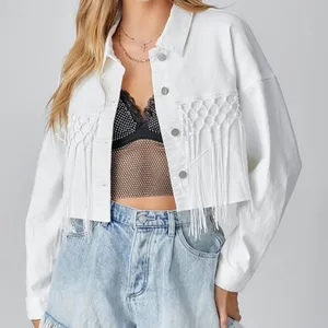 New Arrival Pink White Cropped Tassel Denim Woman Howdy Short Jacket White Jean Ripped Fringe Jacket