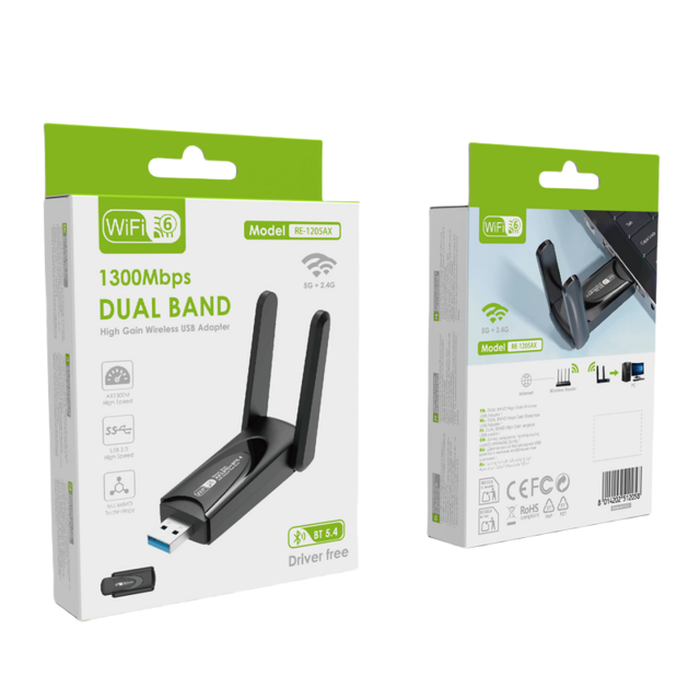 BT 5.4 USB WiFi 6 Extend Adapter Dual-Band 5G 1300Mbps 2.4G/5G Laptop External Wireless Card 2-in-1 USB BT Card in Stock