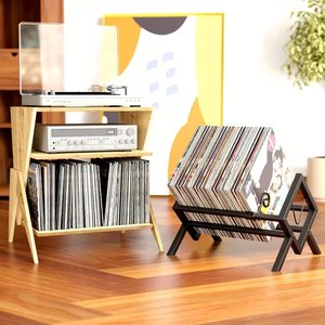 Supporto Pieghevole in Legno e Ferro per Dischi in Vinile con Barra Divisoria, per Conservazione Rapida di 80-100 LP - Product Image 5