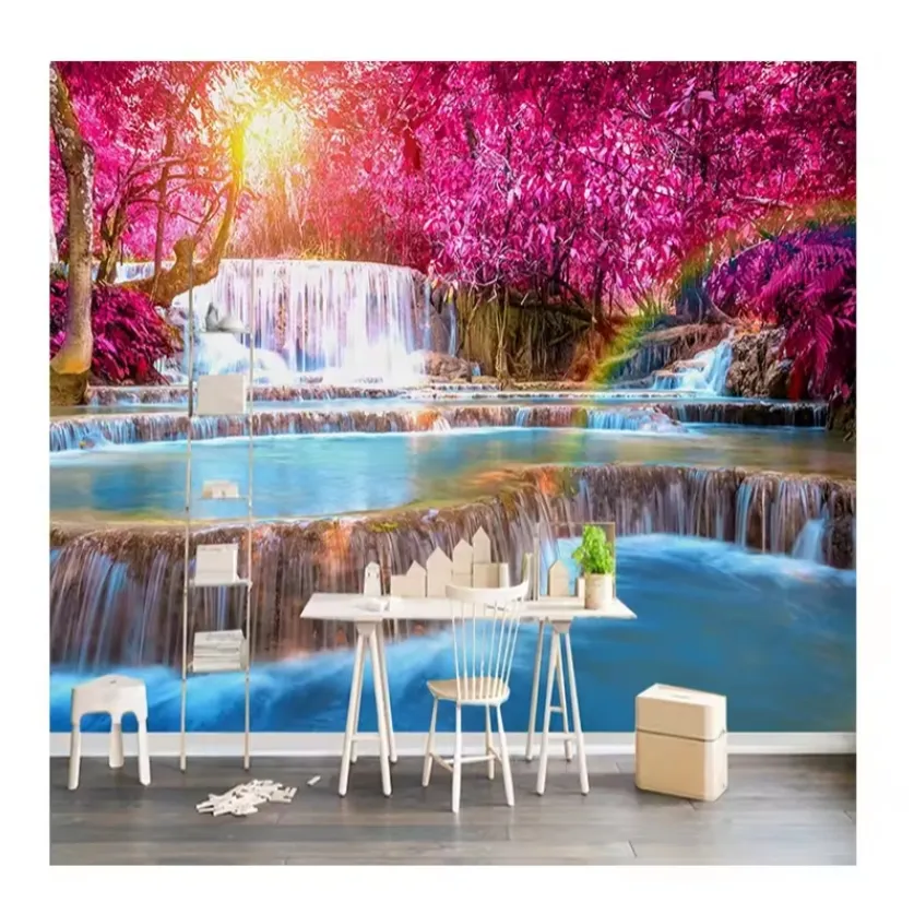 Papel de pared de moda paisaje cascada hoja de arce Magnolia paisaje Fondo 3D papel tapiz