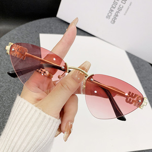 <b>Frameless</b> Cat Eye Sunglasses For Women Gold Metal <b>Frame</b> PC Lens UV400 Light Weight Fashion Sunshades - Product Image 4