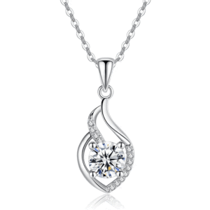 Ciondolo in argento con diamante, pietra centrale rotonda taglio brillante e diamanti laterali, gioiello romantico da donna per fidanzamento - Product Image 1