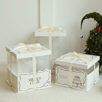 Boîte à gâteau en papier avec logo personnalisé, grande fenêtre transparente en PVC, boîte d'emballage portable pour pâtisserie d'anniversaire avec ruban en satin