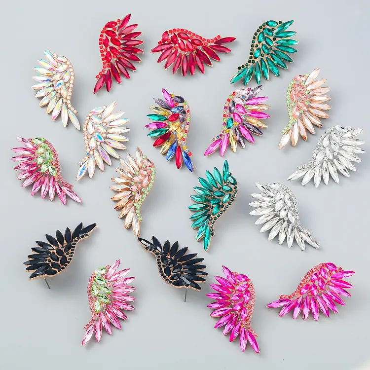 Luxury Banquet Irregular Geometric Fan-shaped Earrings Exaggerated Design Colorful Rhinestone Wings Earrings Women