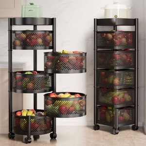 Étagère de rangement de cuisine multifonctionnelle rotative en métal avec poulie, chariot à collation sur pied à 5 niveaux et panier à <span class=keywords><strong>fruits</strong></span> et légumes - Product Image 1