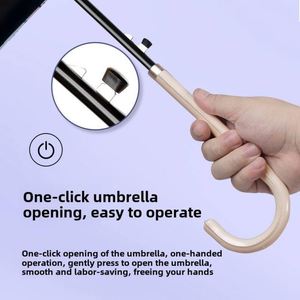 Parapluie droit semi-automatique 8 baleines pour femme avec poignée courbée, revêtement noir, protection solaire et pluie, coupe-vent léger pour les jours ensoleillés - Product Image 4
