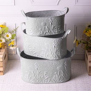 Set of 3 Embossed Metal Planters with Handles Decorative Oval Flower Pots for Garden Patio Home Decor Use - Product Image 3