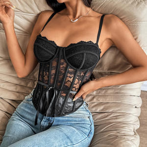 <span class=keywords><strong>Top</strong></span> Corto Sexy in Pizzo Francese con Stecche, <span class=keywords><strong>Corsetto</strong></span> Trasparente Senza Schienale, Bustier Traspirante, Elegante e Sensuale - Product Image 1