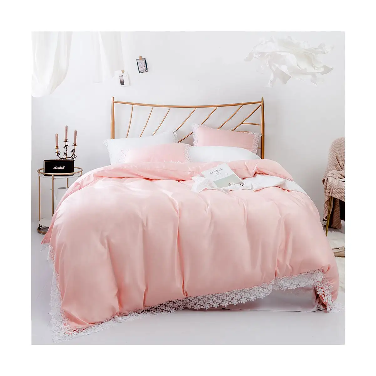 Pink Blue Green Twill Brushed Fabric Bed Sheet Pillowcase 3pcs Rayon Duvet Cover Set