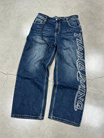 Fabricant OEM de jeans en denim, broderie personnalisée, coupe baggy à jambe large, taille à cordon, streetwear unisexe, denim délavé à la pierre