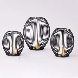 Wholesale Black Metal Iron Wire Cage Geometric Candlestick Holder Oval Candle Holders Set Of 3