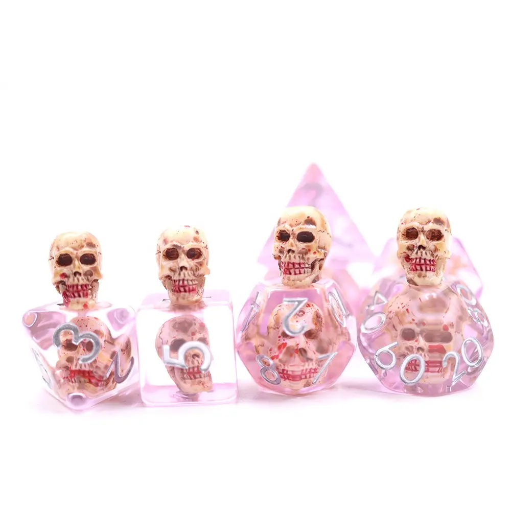 Personalizado Novo Produto Em Massa Transparente Dnd Dice Soft Edge Resina 7pcs Set sangue crânio dados