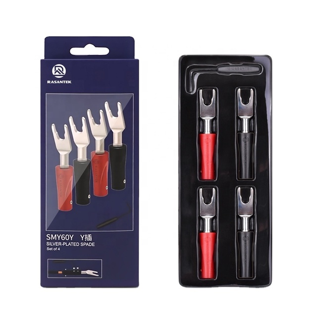 RASANTEK 4PCS Hi-end HIFI Silver Plated Copper Contact Spade Connectors with 5-7mm Wire for Audio & Video Use