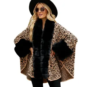 Wholesale Winter Leopard-Print Faux Fur Shawl Poncho Jacquard Capes and Cardigan Coats For Women