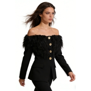<span class=keywords><strong>Blazer</strong></span> Negro con Hombros Descubiertos y Plumas para Mujer - Chaqueta Elegante para Fiesta Formal con Detalle de Botones Dorados Sehe Fashion - Product Image 3