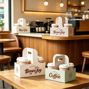 Portabicchieri da Asporto in Carta Kraft Riciclata Eco-Friendly Rosa con Logo Personalizzato per 2/4 Tazze - Confezione Portatile per Bevande - Product Image 3