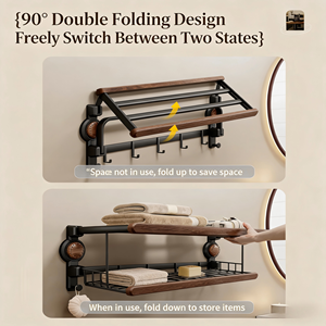 <span class=keywords><strong>Porte</strong></span>-serviettes en bois de noyer à <span class=keywords><strong>ventouse</strong></span>, fixation sans perçage, étagère murale solide pour salle de bain, organisateur de serviettes pour salle de bain - Product Image 4