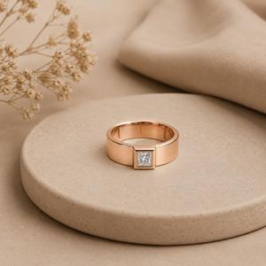 10KT Yellow Gold Princess Cut Diamond Solitaire <b>Ring</b> Bezel Set Wide Flat Band <b>Men</b> Engagement <b>Ring</b> Fine Modern Signet Jewelry - Product Image 4