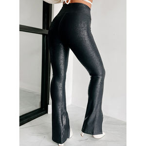 Dear-Lover OEM ODM Logo personnalisé taille haute Faux <span class=keywords><strong>cuir</strong></span> <span class=keywords><strong>fendu</strong></span> évasé Workou Fitness collants de sport Leggings de gymnastique pour les femmes - Product Image 3