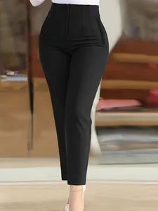 Calça casual feminina slim de cintura alta elegante com bolso para senhoras calça lápis longa de nove calças para escritório
