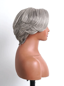 <span class=keywords><strong>Nerissa</strong></span> Haarprodukte Maßgefertigte Salz-und-Pfeffer-Graue 4x4 Closure Pixie Cut Seitenscheitel Glueless Perücke Echthaar - Product Image 4