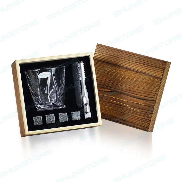 Novelty Father Whiskey Gift Set Custom Twist Whiskey Glass Stone Set With Wooden Box Birthday Gift For Men