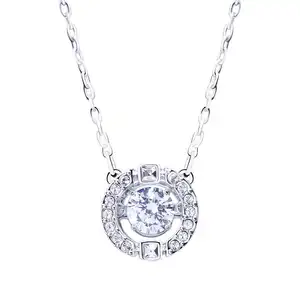 Kalung Perak Murni 18 "925 Sterling Liontin Halo Lingkaran Dalam Irama Berlian Menari Emas 14K Kustom dengan Berlian