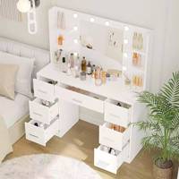 Table de toilette moderne en chêne blanc de luxe, pliable, avec miroir éclairé, support pour sèche-cheveux, grande taille, pour chambres d'hôtel