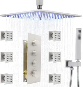 豪华发光二极管降雨16英寸淋浴喷头系统黄铜水龙头组合套装可一次使用所有功能