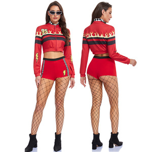 Disfraz de chica piloto de carreras, conjunto de traje rojo con bufanda a cuadros y gafas para cosplay y juegos de rol en Halloween - Product Image 5