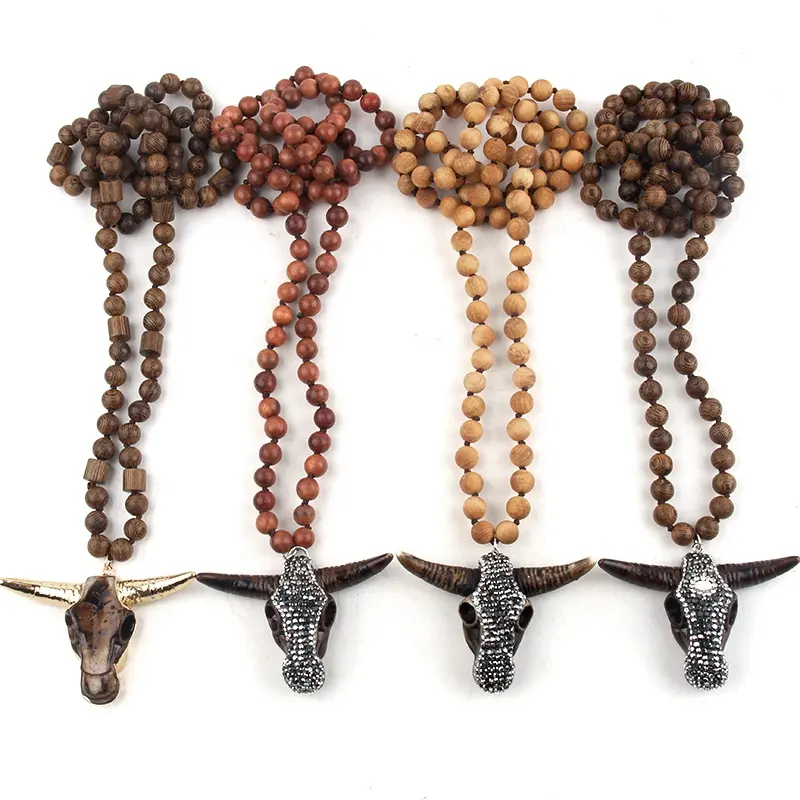 Fashion Unisex Jewelry Brown Red Wood Beads Necklace Rhinestone Resin Skull Bull Head Horn Pendant wood Necklace