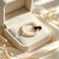Bague élastique minimaliste vintage avec perles, perle d'eau douce naturelle et quartz fumé, bague extensible empilable pour femme, bijou de doigt