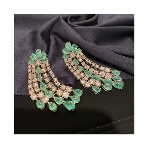 Simple super fairy green white diamond zircon tassel long earrings women's row of zircon set high sense banquet eardrop