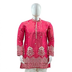Ensemble Kurta rose scintillant pour homme avec broderies et perles, tenue traditionnelle indienne et pakistanaise pour festivals et mariages, coupe classique - Product Image 2