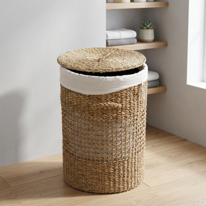 Panier de rangement circulaire en jonc de mer naturel écologique avec couvercle, panier à linge moderne tressé pour la décoration de la maison et de la chambre - Product Image 5